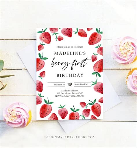 Electronic Invitation Editable Berry First Birthday Invitation