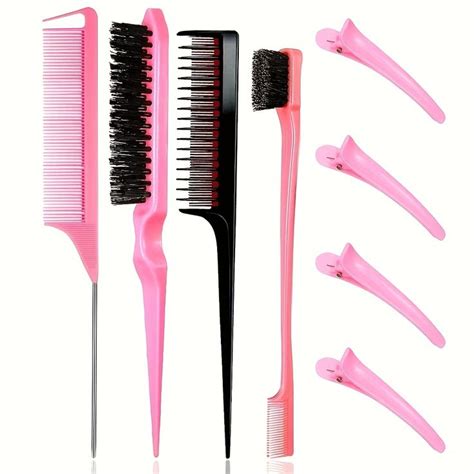 8pcs Professional Hair Styling Comb Set With Hair Clips Nylon Teasing Brush Rat Tail Comb