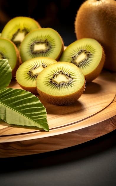 Premium Ai Image Kiwi Fruit On A Wooden Tray With Leaves Stylized