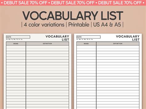 Minimal Vocabulary List Printable Vocabulary Note Worksheet Language