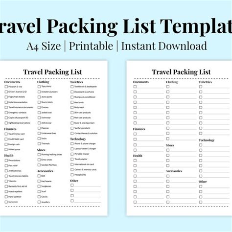 Printable Travel Packing List Packing List Editable Packing Etsy