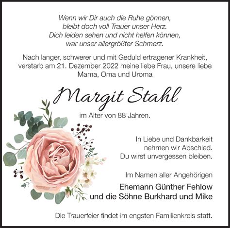 Traueranzeigen von Margit Stahl Märkische Onlinezeitung Trauerportal