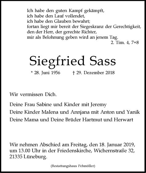 Traueranzeigen Von Siegfried Sass Trauer L Neburg De