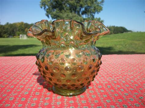 Vintage Green Fenton Hobnail Glass Crimped Ruffle Rim Vase Bc2 Ebay In 2021 Hobnail Glass