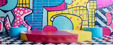 Vibrant Pop Art Podium Against A Colorful Graffiti Backdrop In Urban