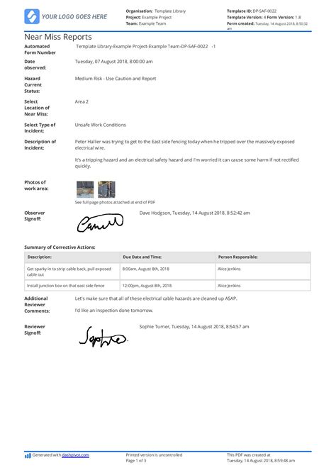 Free Near Miss Reporting template (easily customisable)