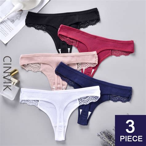 Cinvik 3pcs Cotton Thong Women Sexy V Waist G String Comfortable