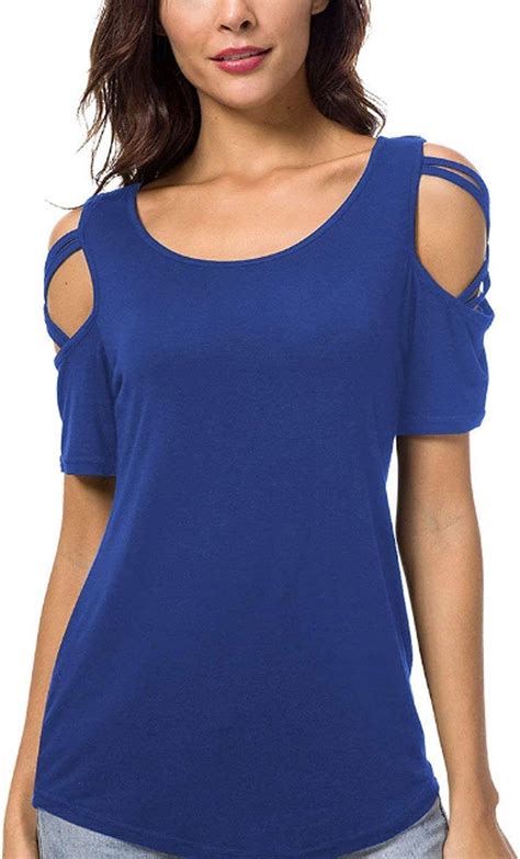 Womens Off Shoulder Cold Shoulder Short Sleeve Color Blouse Loose