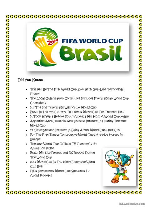 World Cup 2014 Brazil English Esl Worksheets Pdf And Doc