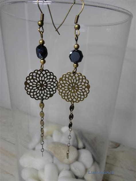 Boucles D Oreilles Noires Jolie Perle Noire Breloque Filigran E