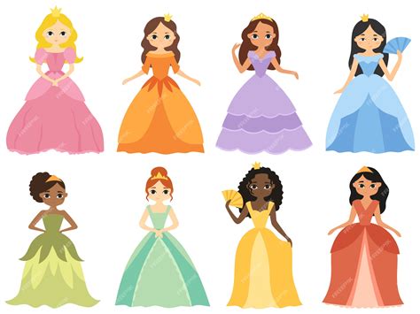 Conjunto De Princesa De Dibujos Animados Colección De Chicas Lindas En Hermosos Vestidos