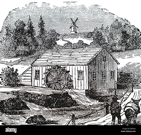 An engraving depicting a rural undershot water-powered flour mill. Dated 19th century Stock ...