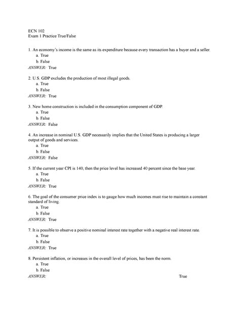 Exam Practice T F Questions Ecn Exam Practice True False An