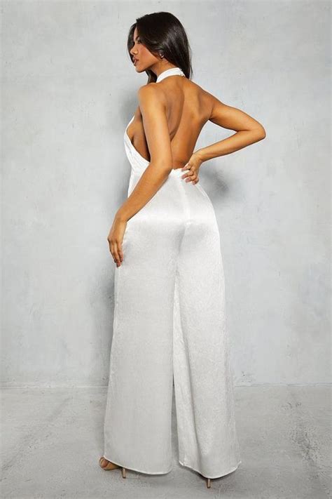 Jumpsuits Textured Satin Halterneck Low Back Wide Leg Jumpsuit Misspap