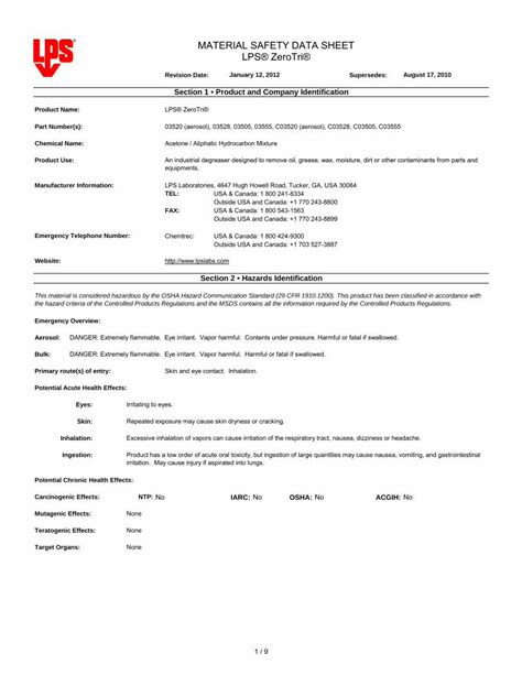 Pdf Material Safety Data Sheet Lps Zerotri The Hazard Criteria Of