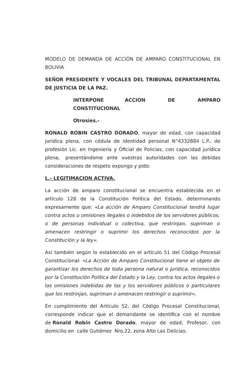 Modelo DE Accion DE Amparo Constitucional MODELO DE DEMANDA DE ACCIÓN