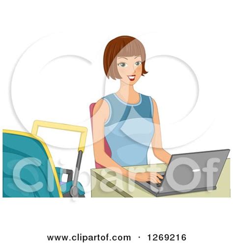 Clipart Of A Happy Brunette Caucasian Woman Working On A Laptop With A