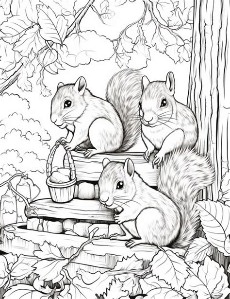 Premium Photo A Coloring Page Of Three Squirrels Sitting On A Bench