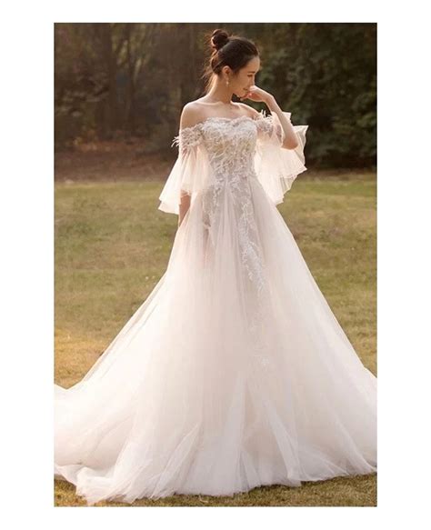 Beaded Lace Off Shoulder Empire Tulle Wedding Dress With Butterfly