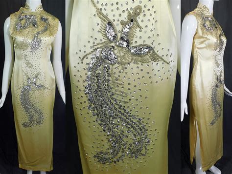 Vintage Chinese Cheongsam Dress White Silk Silver Sequin Beaded Dragon