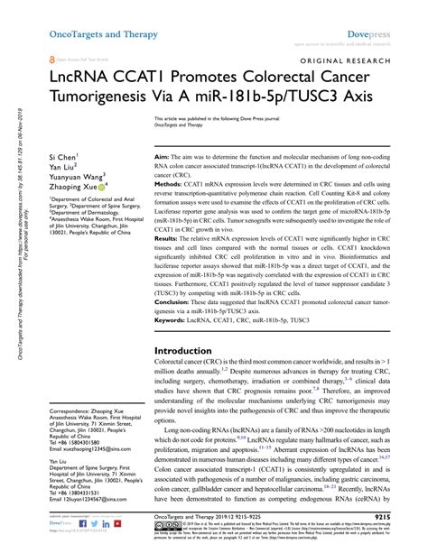 Pdf Lncrna Ccat Promotes Colorectal Cancer Tumorigenesis Via A Mir