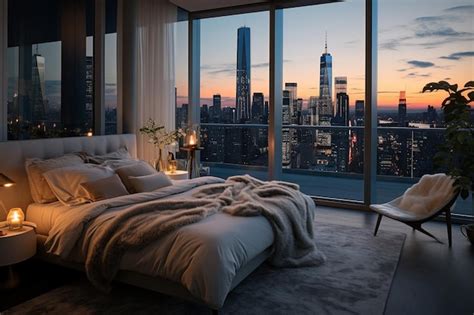 Premium Ai Image Luxurious Penthouse Bedroom With Skyline View