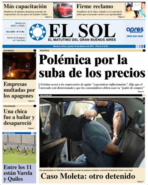 Periódico Diario El Sol Argentina Periódicos De Argentina Edición De Jueves 10 De Febrero