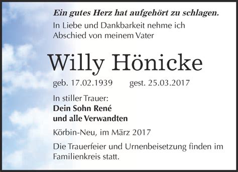 Traueranzeigen von Willy Hönicke abschied nehmen de