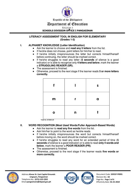 Grades 1 To Jhs Reading Assessment Tool In English 2021 2022 Department Of Education Schools