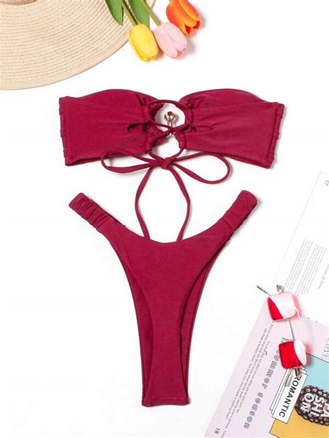 Women S New Solid Color Pleated Bikini Split Swimsuit Chest U Shaped Button Back Multi Rope