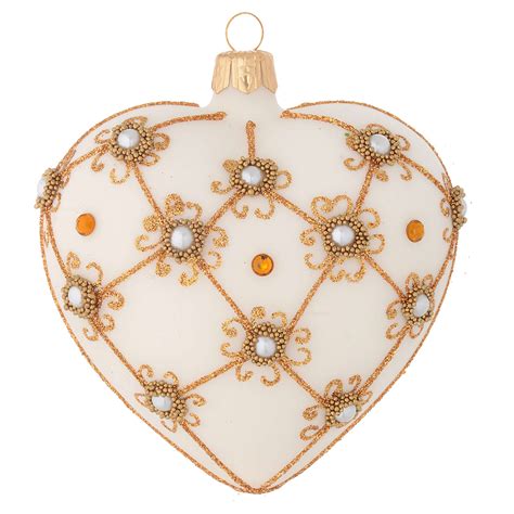 Heart Shaped Christmas Bauble In Blown Glass With Ivory And Gold