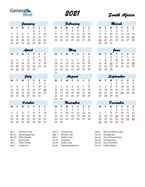 2021 South Africa Calendar With Holidays