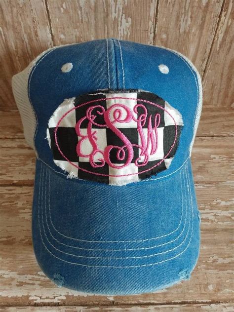 Monogram Hat Checkered Flag Raggy Patch Trucker Hat Raggy Etsy