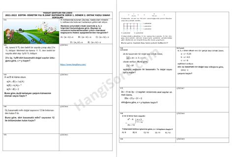 9 Sınıf Matematik 1 Dönem 2 Yazılı Soruları Test Klasik 2022 Hangisoru