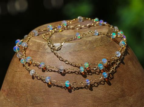 Kissed Necklace Solid Gold 14k Ethiopian Opal And Rainbow Moonstone Gemstone Necklace Valltasy