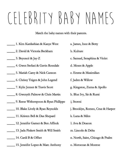 Celebrity Baby Names Baby Shower Printable Page With Answer Key - Etsy