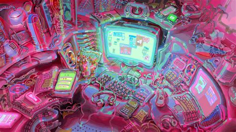 A Computer Screen Surrounded By Assorted Electronic Devices And Gadgets In Pink Hues