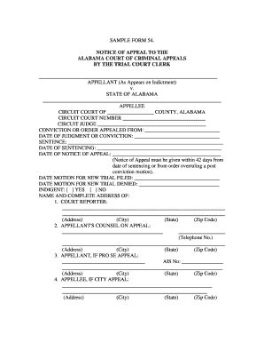 Fillable Online Judicial Alabama SAMPLE FORM 54 NOTICE OF APPEAL TO