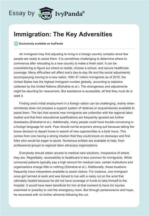 Immigration The Key Adversities 852 Words Essay Example