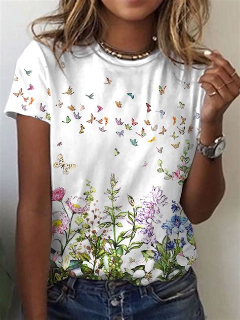 Damen T Shirt Design 3D Druck Blumen Graphic Schmetterling Design