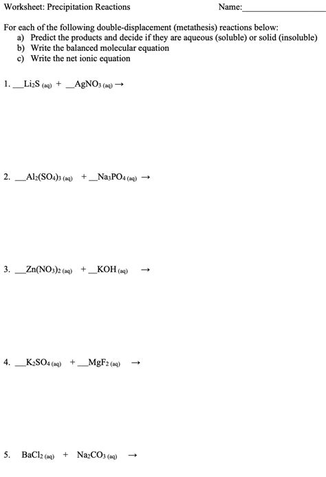 Solved Worksheet: Precipitation Reactions Name: For each of ...