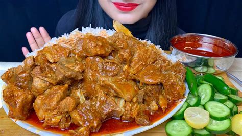 ASMR EATING SPICY MUTTON CURR WHITE RICE GREEN CHILLI SALAD BIG