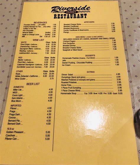 Menu At Riverside Restaurant Riverside