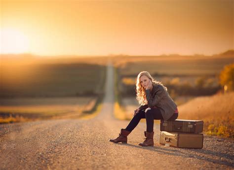 Model Women Outdoors Suitcase Jake Olson Road Blonde Sitting