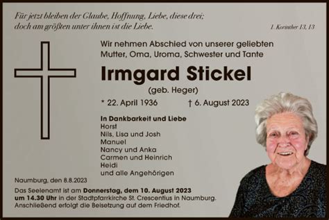 Traueranzeigen Von Irmgard Stickel Trauer Hna De