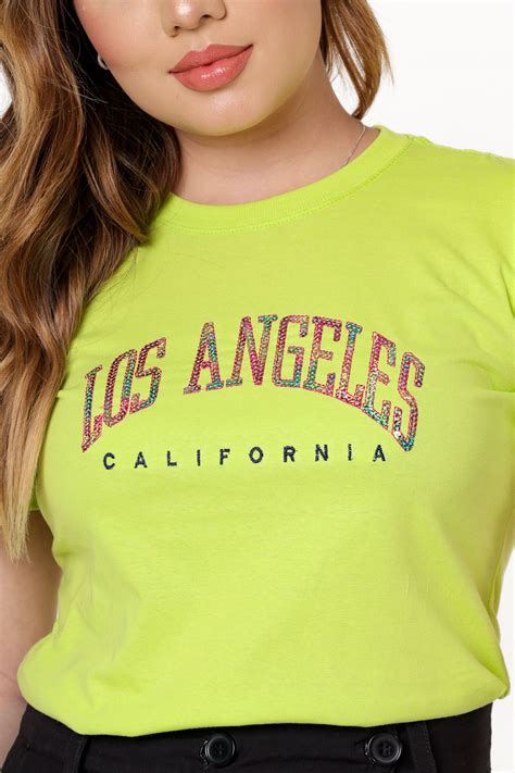 T SHIRT LOS ANGELES CALIFORNIA BORDADO LANTEJOULA VERDE CLARO