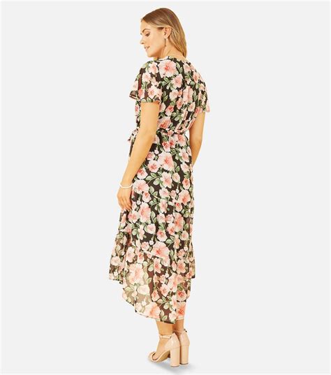 Mela Black Floral Belted Dip Hem Midi Wrap Dress New Look