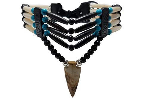 Handmade Traditional 4 Row Buffalo Bone Hairpipe Tribal Choker Necklace With Arrowhead Pendant