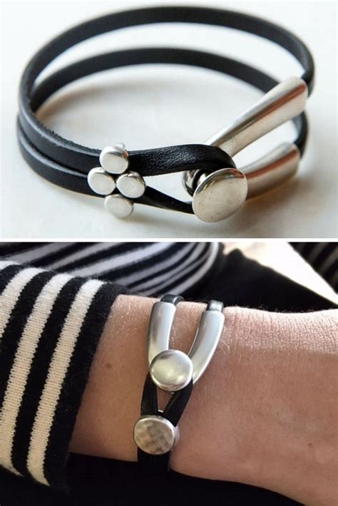 Black Leather And Silver Handmade Wrap Bracelet Womens Etsy Leather Bracelets Women