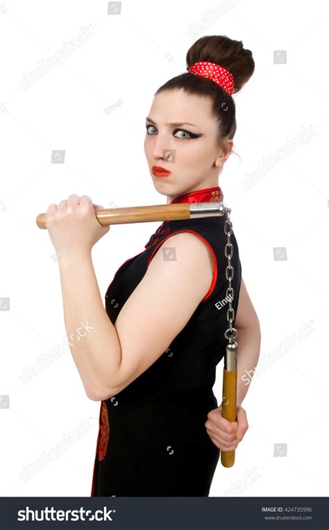 Funny Woman Nunchucks Isolated On White Stock Photo